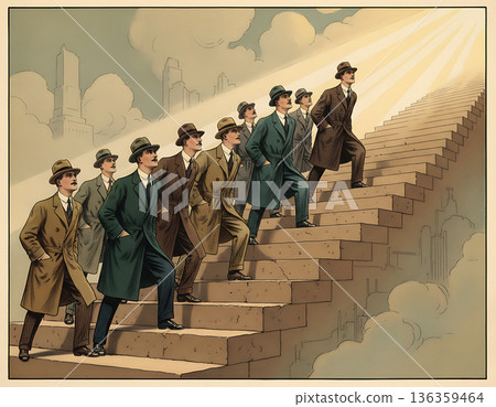Men in coats and hats climb stairs to a bright light for business success 136359464
