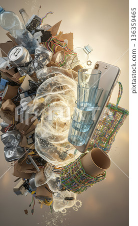 Mixed recyclable waste including glass, plastic, paper, and electronics 136359465