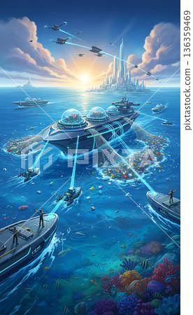 Ocean cleanup project in action near futuristic coastal City Ocean cleanup project in action near futuristic coastal City 136359469