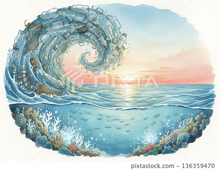 Ocean wave made of plastic bottles threatens marine life at sunset 136359470