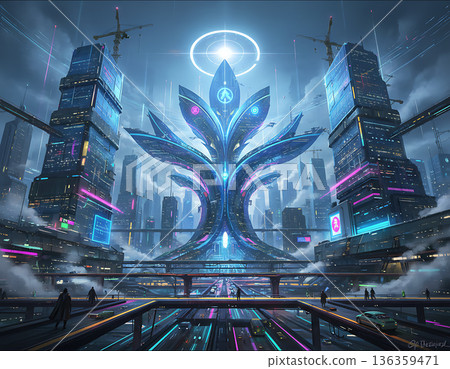 Futuristic metropolis featuring glowing growth structure in central location 136359471