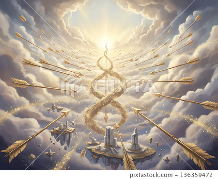 Golden arrows target spiral growth leading towards success in the clouds 136359472