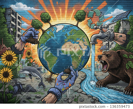 Graffiti art showing earth being healed for Earth Day celebration 136359473