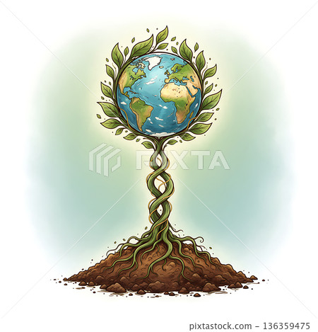 Growing Earth globe with green leaves and intertwined roots system 136359475