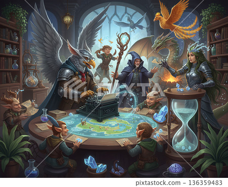 Fantasy creature planning session around table with map and crystal shards 136359483