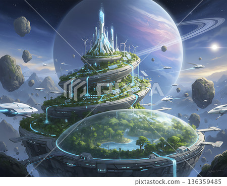 Floating futuristic city uses sustainable energy near planet Saturn 136359485