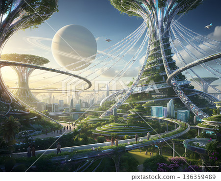 Futuristic city with green spaces and ecological buildings on another planet Futuristic city with green spaces and ecological buildings on another planet 136359489