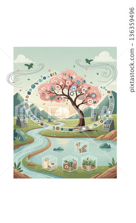 Ecology and sustainability concept featuring a recycling symbol around nature Ecology and sustainability concept featuring a recycling symbol around nature 136359496