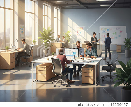 Employees collaborate and work at computers in a modern office 136359497