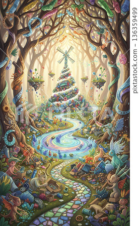 Enchanted recycling forest shows sustainability in a creative natural scene 136359499