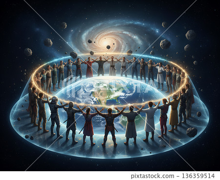 Humans unite around Earth for Earth Day, showing diversity and protecting the planet 136359514
