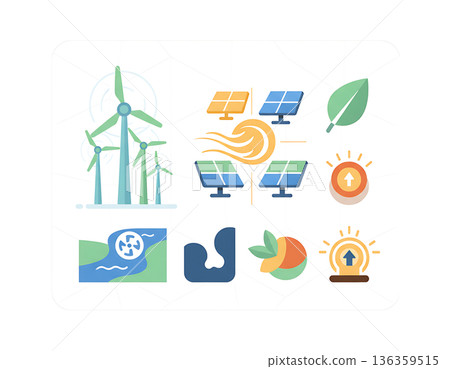 Icons of sustainable energy including wind, solar, hydro and bio energy 136359515