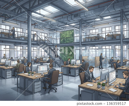 Inside modern Office Space Shows Employees Working At Desks During The Day Inside modern Office Space Shows Employees Working At Desks During The Day 136359517