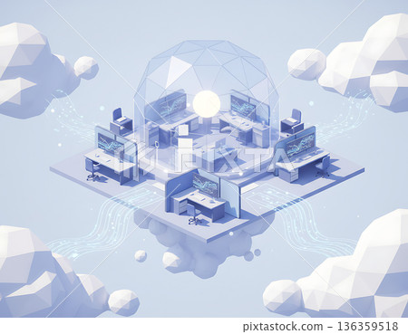 Isometric rendering of virtual office in cloud with workstations and computers Isometric rendering of virtual office in cloud with workstations and computers 136359518