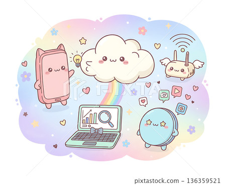 Kawaii style digital marketing concept with happy technology and cloud computing Kawaii style digital marketing concept with happy technology and cloud computing 136359521