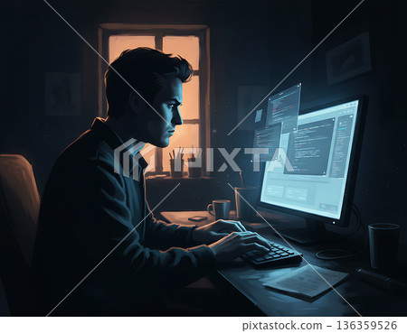 Man coding at desk in dark room with lit window during evening Man coding at desk in dark room with lit window during evening 136359526