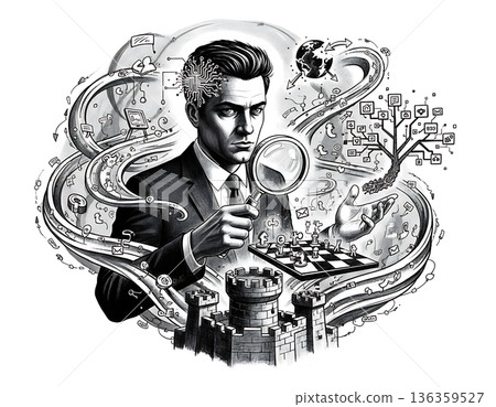 Man examines digital marketing strategy with chess game and magnifying glass Man examines digital marketing strategy with chess game and magnifying glass 136359527
