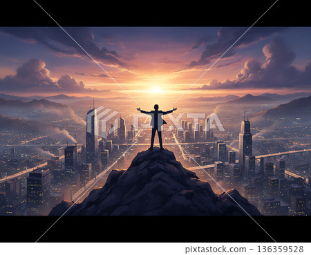 Man stands on mountain top, gazing at City skyline during sunrise Man stands on mountain top, gazing at City skyline during sunrise 136359528