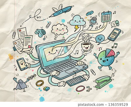 Office and remote work concept represented in a cartoon drawing style Office and remote work concept represented in a cartoon drawing style 136359529