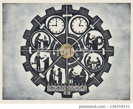 Gear illustrates multiple people working in varied professional settings Gear illustrates multiple people working in varied professional settings 136359531