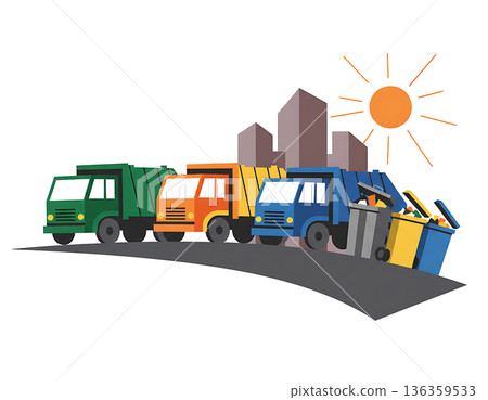 Garbage trucks collect waste from dumpsters in the city during the daytime Garbage trucks collect waste from dumpsters in the city during the daytime 136359533
