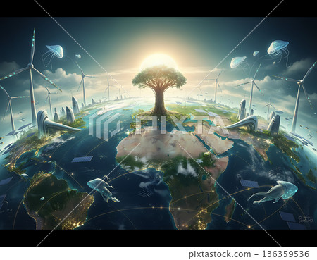 Globe showing sustainable energy sources like wind turbines and solar panels Globe showing sustainable energy sources like wind turbines and solar panels 136359536
