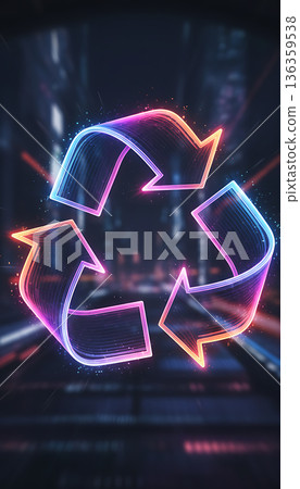 Glowing neon recycling symbol on dark, blurred background Glowing neon recycling symbol on dark, blurred background 136359538