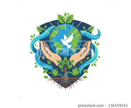 Earth day illustration showing hands holding globe and nature 136359541