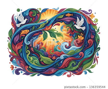 Earth day illustration with sun, doves, plants, water and fish 136359544