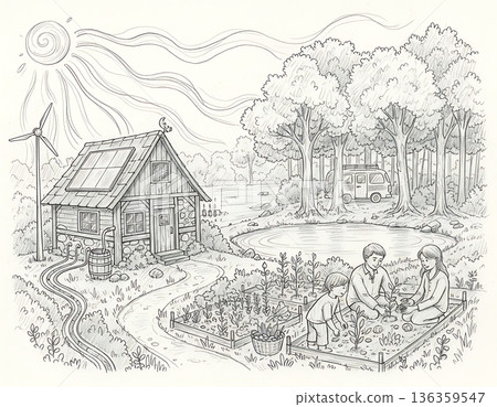 Family gardening near eco house with solar panels and wind turbine 136359547