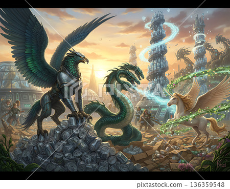 Fantastic recycling and waste management world showing mythical creatures Fantastic recycling and waste management world showing mythical creatures 136359548