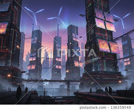 Futuristic cityscape powered by wind and solar energy at sunset Futuristic cityscape powered by wind and solar energy at sunset 136359549