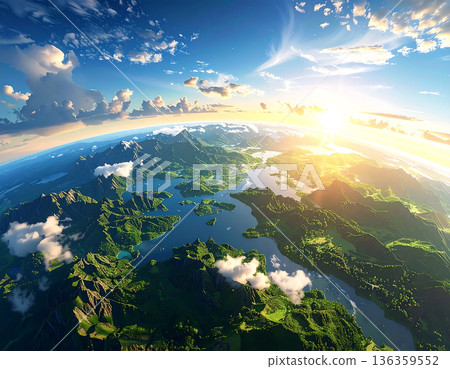 Earth from above reveals bright Sun shining on the horizon Earth from above reveals bright Sun shining on the horizon 136359552