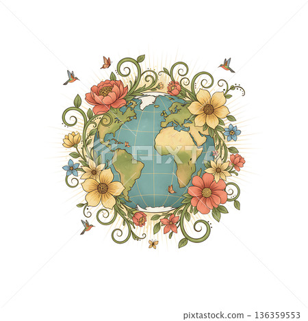 Earth globe encircled by flowers, vines, butterflies, and hummingbirds Earth globe encircled by flowers, vines, butterflies, and hummingbirds 136359553