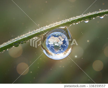 Earth reflected in a water drop on a blade of grass Earth reflected in a water drop on a blade of grass 136359557