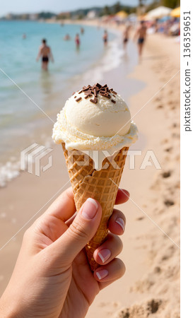 Vanilla ice cream cone with chocolate sprinkles held by hand on sandy beach background during summer vacation by the sea 136359651