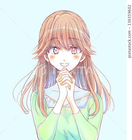 A woman with a gentle atmosphere clasping her hands A woman with a gentle atmosphere clasping her hands 136359682