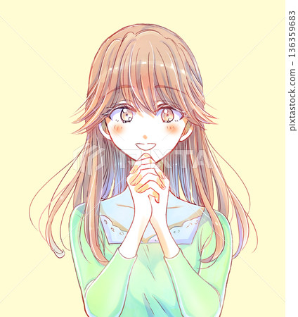 A woman with a gentle atmosphere clasping her hands 136359683