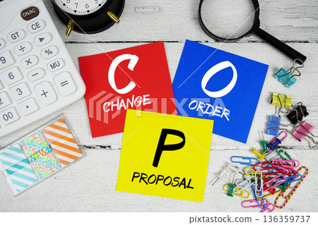 COP Change Order Proposal text phrase of business and financial concept 136359737
