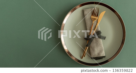 Elegant Table Setting with Napkin and Gold Cutlery. Stylish Easter Spring Arrangement 136359822