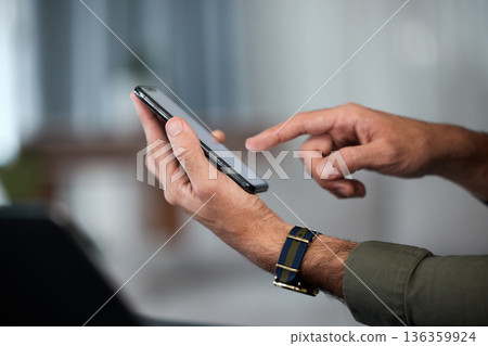 Phone, office and hands of business man online for planning, social media and network. Corporate, professional and closeup of male worker on smartphone for communication, website and mobile app 136359924
