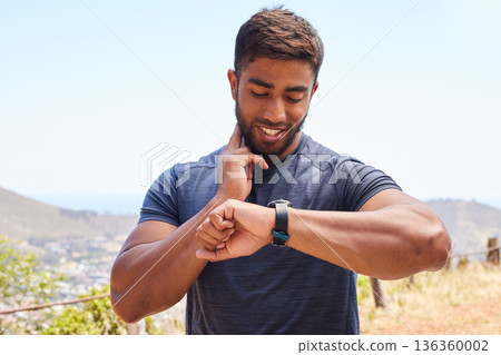 Fitness, running and pulse with man, watch check and training, exercise and wellness app. Workout, heart rate and health with runner, monitoring performance, steps and results with goals and target Fitness, running and pulse with man, watch check and training, exercise and wellness app. Workout, heart rate and health with runner, monitoring performance, steps and results with goals and target 136360002