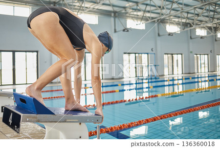 Swimming pool, sports and woman dive on podium for exercise, training and workout for competition in gym. Fitness, water sport and female swimmer on starting block for race, challenge and performance 136360018