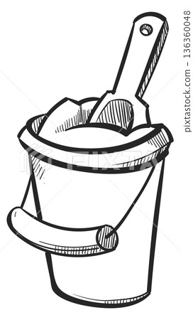 Sandbox toys doodle. Hand drawn sand bucket 136360048