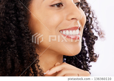 Beauty, skincare and face of black woman on a white background for wellness, health and facial. Dermatology, closeup and natural happy female person smile for cosmetics, makeup and luxury in studio Beauty, skincare and face of black woman on a white background for wellness, health and facial. Dermatology, closeup and natural happy female person smile for cosmetics, makeup and luxury in studio 136360110