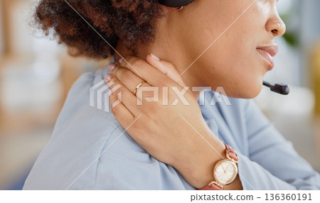 Customer support, call center and woman with neck pain in office with tension, stress and body ache. Telemarketing, crm service and hands of overworked female person with burnout, strain and injury Customer support, call center and woman with neck pain in office with tension, stress and body ache. Telemarketing, crm service and hands of overworked female person with burnout, strain and injury 136360191