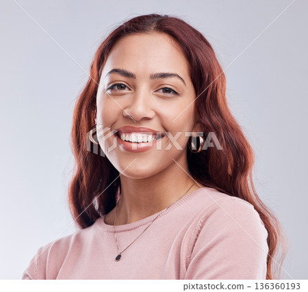 Young woman, smile and studio portrait with clothes, jewellery and beauty by white background. Gen z student, girl or happy fashion model with cosmetics, confidence and style for trendy aesthetic Young woman, smile and studio portrait with clothes, jewellery and beauty by white background. Gen z student, girl or happy fashion model with cosmetics, confidence and style for trendy aesthetic 136360193