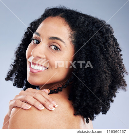 Beauty, skincare and smile with portrait of woman in studio for cosmetics, facial and glow. Spa treatment, makeup and self care with face of person on background for wellness, dermatology and health Beauty, skincare and smile with portrait of woman in studio for cosmetics, facial and glow. Spa treatment, makeup and self care with face of person on background for wellness, dermatology and health 136360267