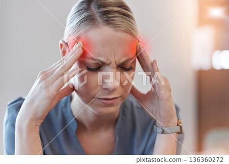 Business woman, headache and stress with thinking, red glow or overlay for burnout at finance job. Accountant employee, pain and tired with fail, depressed and fatigue with pressure at modern office 136360272