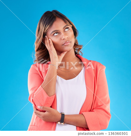 Thinking, tired and doubt with face of woman in studio for tired, confused and brain fog. Mental health, burnout and anxiety with person on blue background for frustrated, idea and problem mockup Thinking, tired and doubt with face of woman in studio for tired, confused and brain fog. Mental health, burnout and anxiety with person on blue background for frustrated, idea and problem mockup 136360301